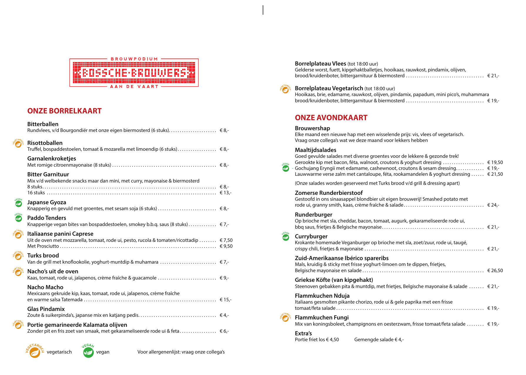 Menukaart Bossche Brouwers pagina 2 met allergenen